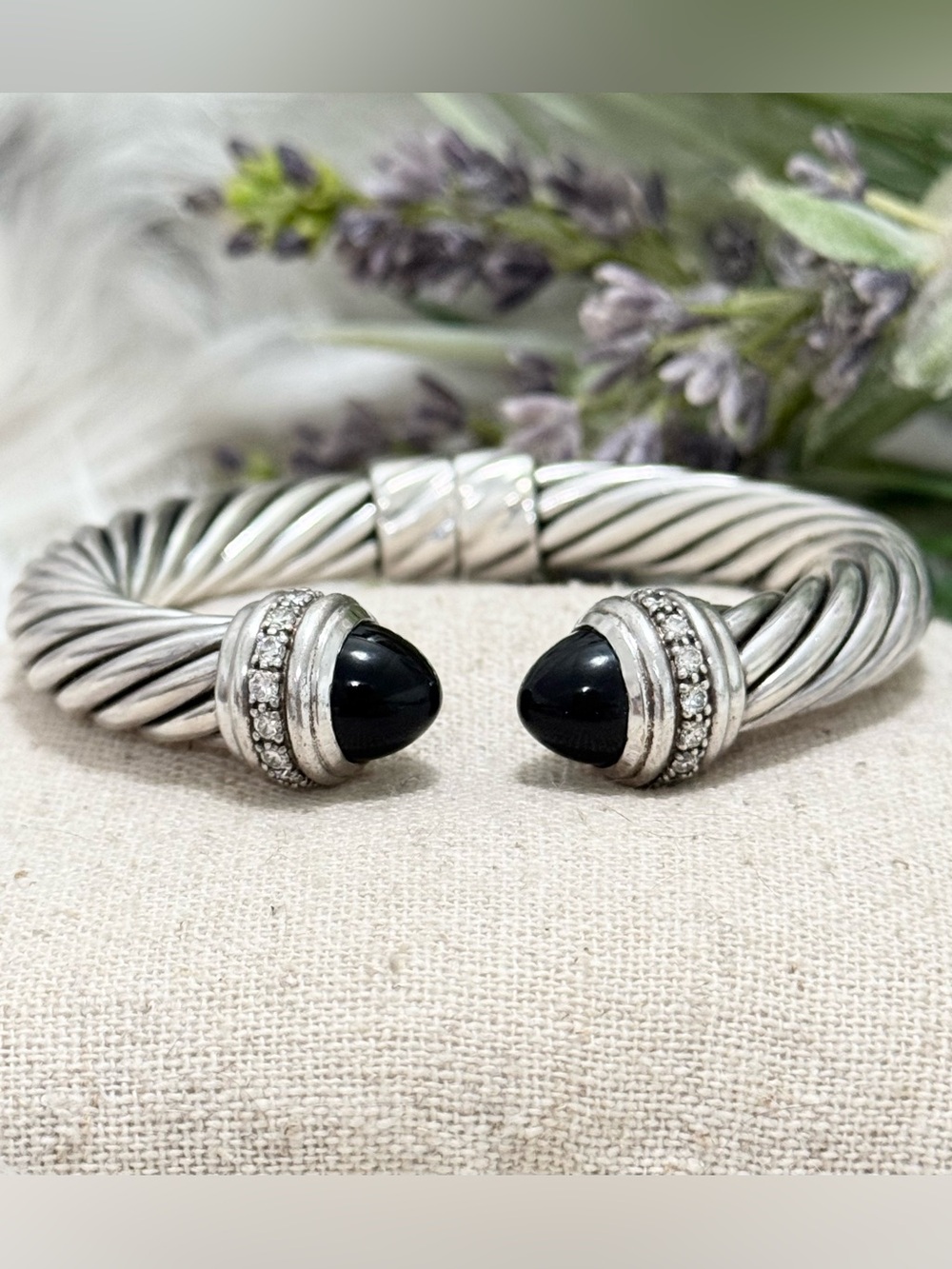 David Yurman 10mm Black Onyx Diamond Hinged Cable Cuff Bracelet .925 Sz S